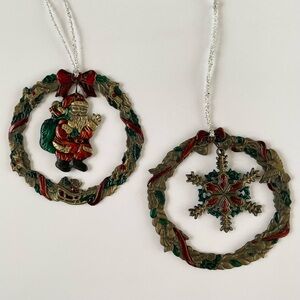 2 Russ Berrie Heirloom Collection Ornaments Santa Snowflake Hand Painted Metal